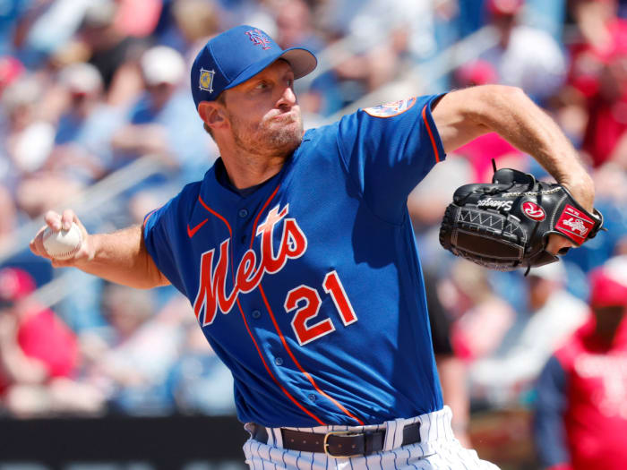 Mar 27, 2022; Port St. Lucie, Florida, USA; New York Mets starting pitcher Max Scherzer (21) throws a pitch during the fourth inning of a spring training game against the St. Louis Cardinals at Clover Park.